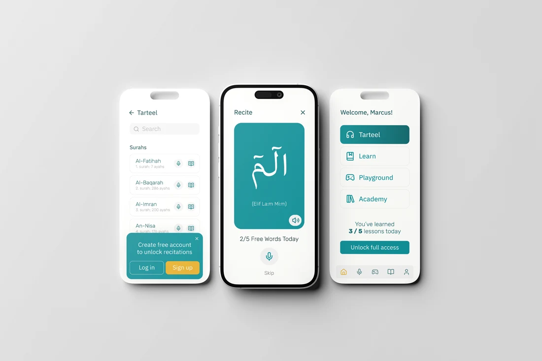 QuranTone app screens showing guided lessons, letter practice, and learning progress