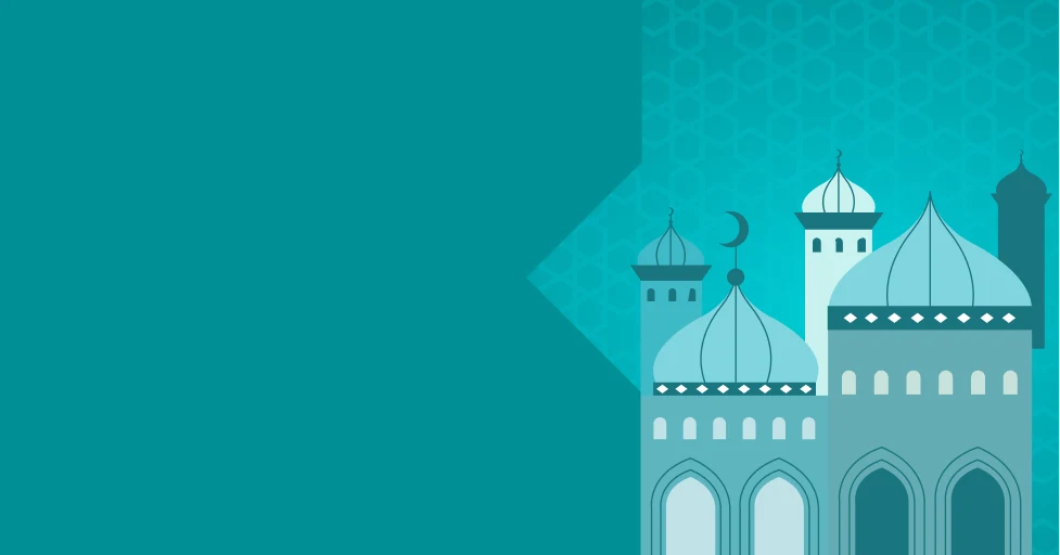 illustration of mosque buildings with domes and minarets on a teal geometric patterned background